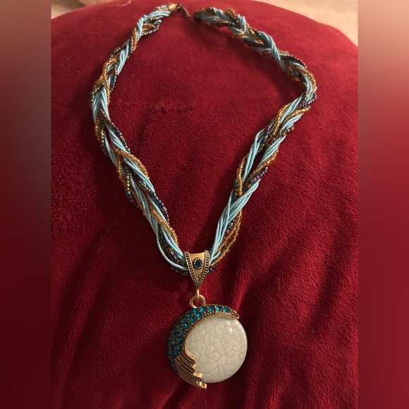 None Jewelry - Braided Blue and Gold Necklace with Pendant